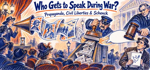 Blue-ballpoint and orange-marker comic linking a theater speaker, postal stamp blocking newspapers and courthouse gavel pressing a speech balloon, illustrating wartime persuasion and restrictions.