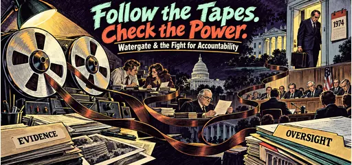 Hand-drawn scratchboard comic of Watergate tape reels linking reporters, a judge, congressional hearings, oversight records, and Nixon’s 1974 departure.