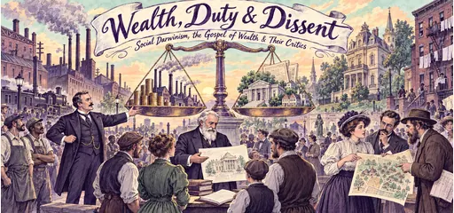 Violet-ink and watercolor comic of a Gilded Age public debate, with a balance scale comparing industrial wealth and public institutions, a philanthropist offering a library plan, and critics studying land and cooperative housing.