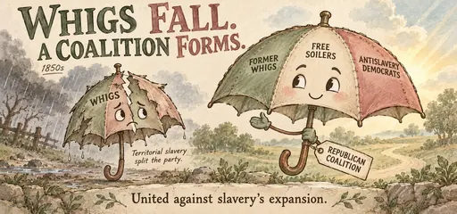 Sage and rose watercolor comic of a torn Whig umbrella and a patchwork Republican coalition umbrella joining former Whigs, Free Soilers and antislavery Democrats against slavery’s expansion.