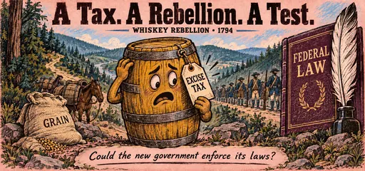 Woodblock handwritten comic of a whiskey barrel reacting to an excise-tax tag beside a federal lawbook, illustrating the Whiskey Rebellion of 1794.