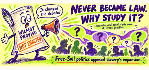 Lime and violet crayon comic of a Wilmot Proviso scroll stamped not enacted using a megaphone to symbolize its impact on debate over slavery’s expansion and Free-Soil politics.