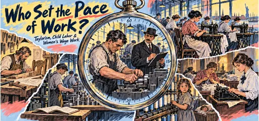 Brush-pen comic centered on a stopwatch and a worker being timed at a fixed machine station, with craft work, women sewing and typing, household piecework, and a child beside textile spindles and a schoolbook.