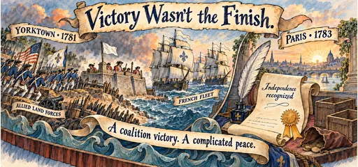 Hand-drawn Yorktown comic contrasts allied land forces and the French fleet in 1781 with independence recognized at Paris in 1783.