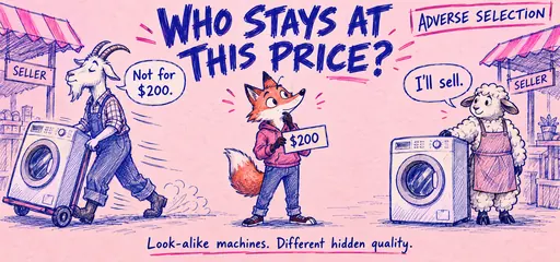 Blue ballpoint and raspberry comic of a fox offering two hundred dollars for look-alike used washing machines; one seller leaves while another accepts, illustrating how hidden quality changes market participation.
