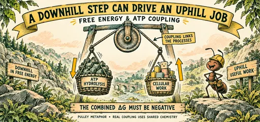 Etched comic pulley metaphor linking favorable ATP hydrolysis to cellular work; the combined free-energy change must be negative, and real coupling uses shared chemistry.