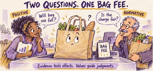 Lavender-pencil comic of shoppers asking whether a bag fee reduces bag use and whether it is fair, distinguishing positive analysis of effects from normative evaluation using values.