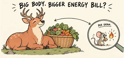 Hand-drawn deer beside a large food basket contrasts with a magnified mouse labeled per gram, comparing total and mass-specific energy use.