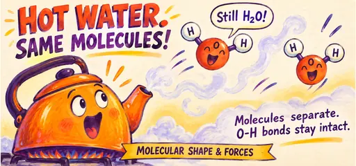 Hand-painted comic kettle releases two intact bent H2O molecules: boiling separates water molecules while their oxygen-hydrogen covalent bonds stay intact.