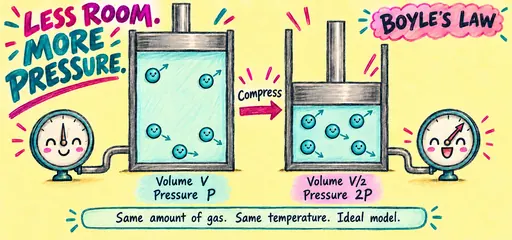 Hand-drawn Boyle’s law comic with five particles in each piston chamber: halving volume doubles pressure for the same ideal gas amount at constant temperature.