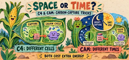 Handmade comic contrasts C4 carbon capture in different cells with CAM capture at night and use by day, showing open nighttime and closed daytime stomata.