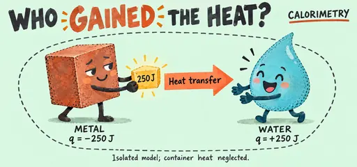 Handmade comic of metal transferring 250 joules to water: metal heat is negative and water heat positive in an isolated model with container heat neglected.