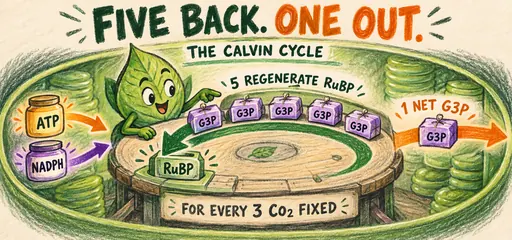 A leaf biochemist shows five G3P packages returning to regenerate RuBP and one net G3P exported per three carbon dioxide fixed, with ATP and NADPH inputs.