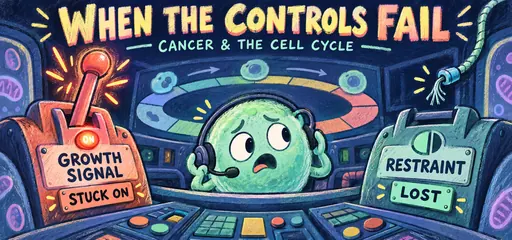 A worried cell in a chalk comic control room faces a growth signal stuck on and a disconnected restraint, illustrating failures of cell-cycle control.