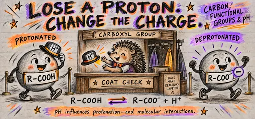 Handwritten charcoal comic of a hedgehog coat-check attendant illustrating reversible carboxyl-group deprotonation from R–COOH to R–COO− and H+.