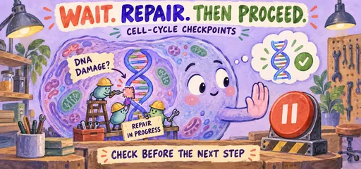 A cell pauses while tiny repair-protein mechanics mend damaged DNA, illustrating checkpoint arrest before the next cell-cycle step.