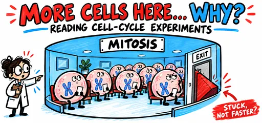 Hand-drawn cells wait in a crowded mitosis room with a blocked exit, illustrating how mitotic arrest can increase the mitotic index without faster completed division.