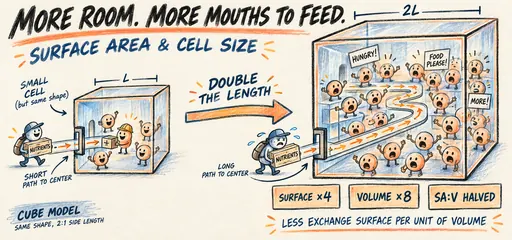 Pencil comic comparing cube-shaped cells: doubling side length multiplies surface area by four and volume by eight, halving exchange surface per unit volume.