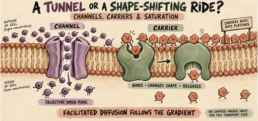 Dry-brush comic contrasting an open selective channel with a carrier binding, changing shape and releasing solute; busy carriers limit rate during facilitated diffusion.