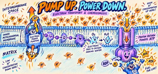 Crayon comic of mitochondrial electron transport pumping H+ into the intermembrane space and proton return through ATP synthase producing ATP in the matrix.