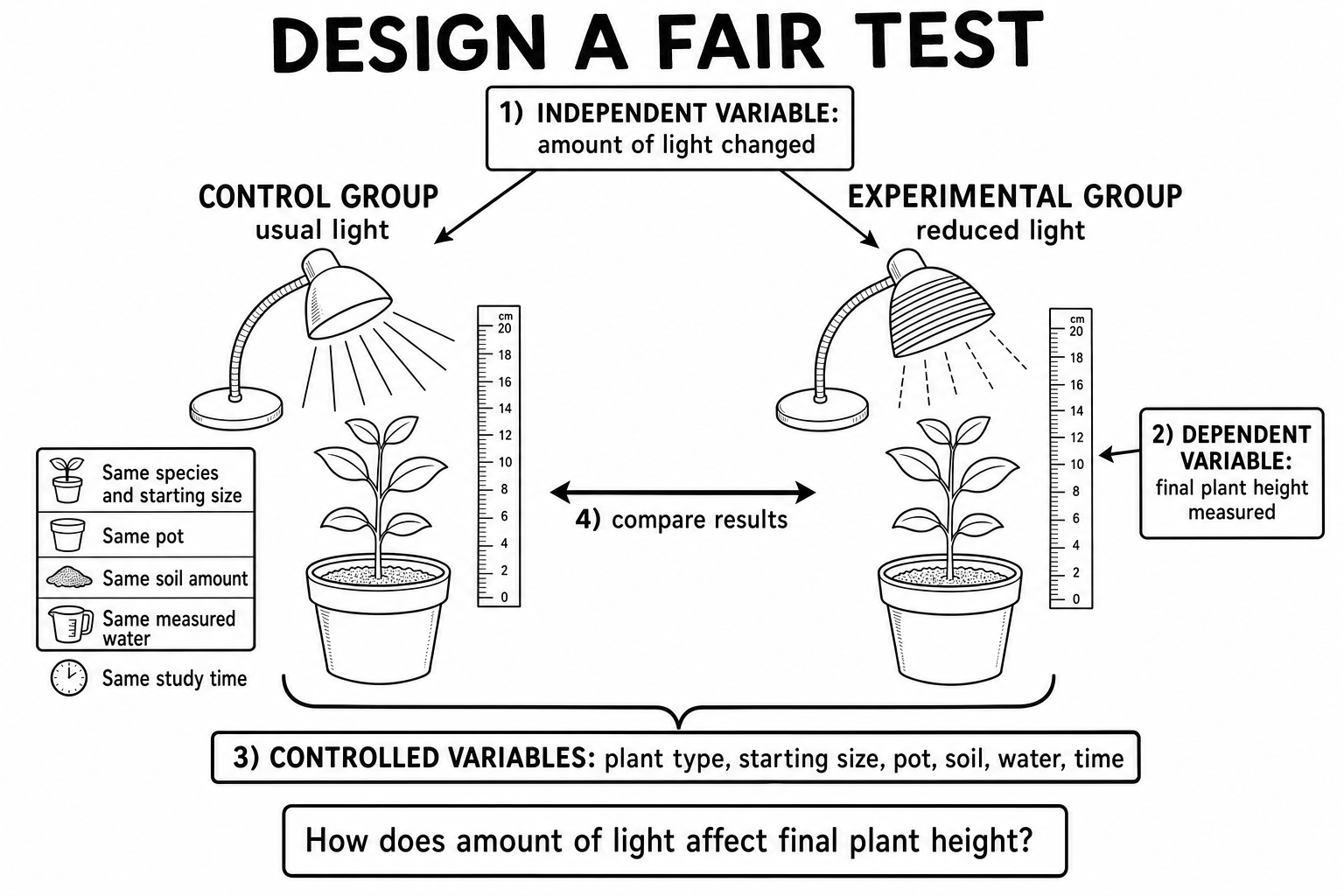 A fair-test comparison separates the changed variable, measured outcome, and controlled conditions.
