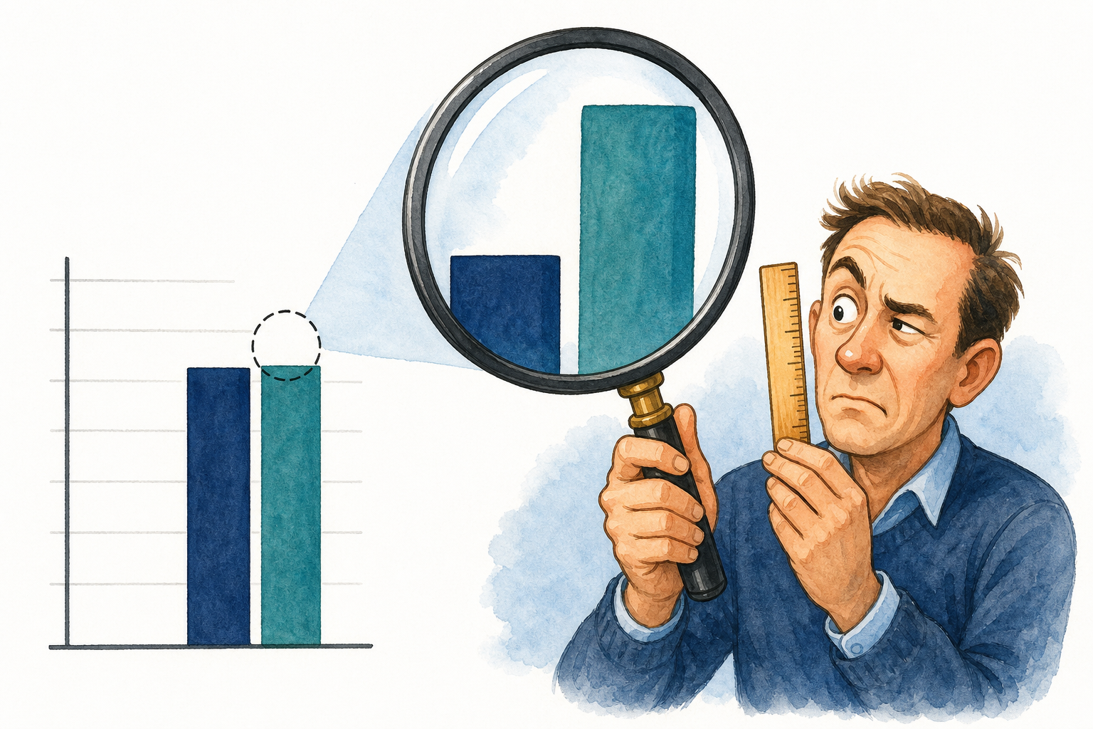 A graph-reading illustration emphasizes checking the labels and numerical scale before interpreting a change.
