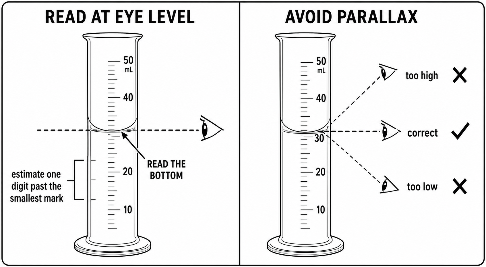 The eye is level with the meniscus when a liquid volume is read.