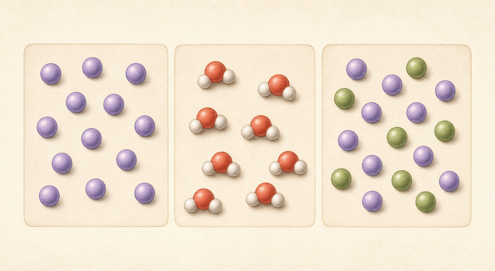 Particle illustrations compare an element, a compound, and a mixture.