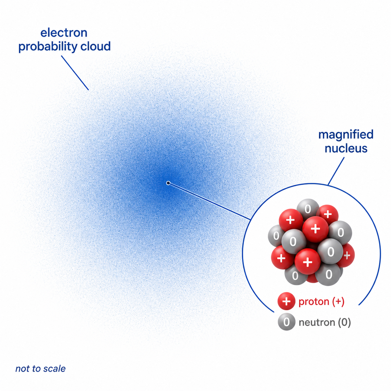 An atomic model shows a small nucleus surrounded by an electron probability cloud, not fixed orbital tracks.