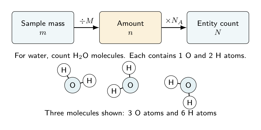 Mass divided by molar mass gives moles; moles multiplied by Avogadro’s constant gives entity count.