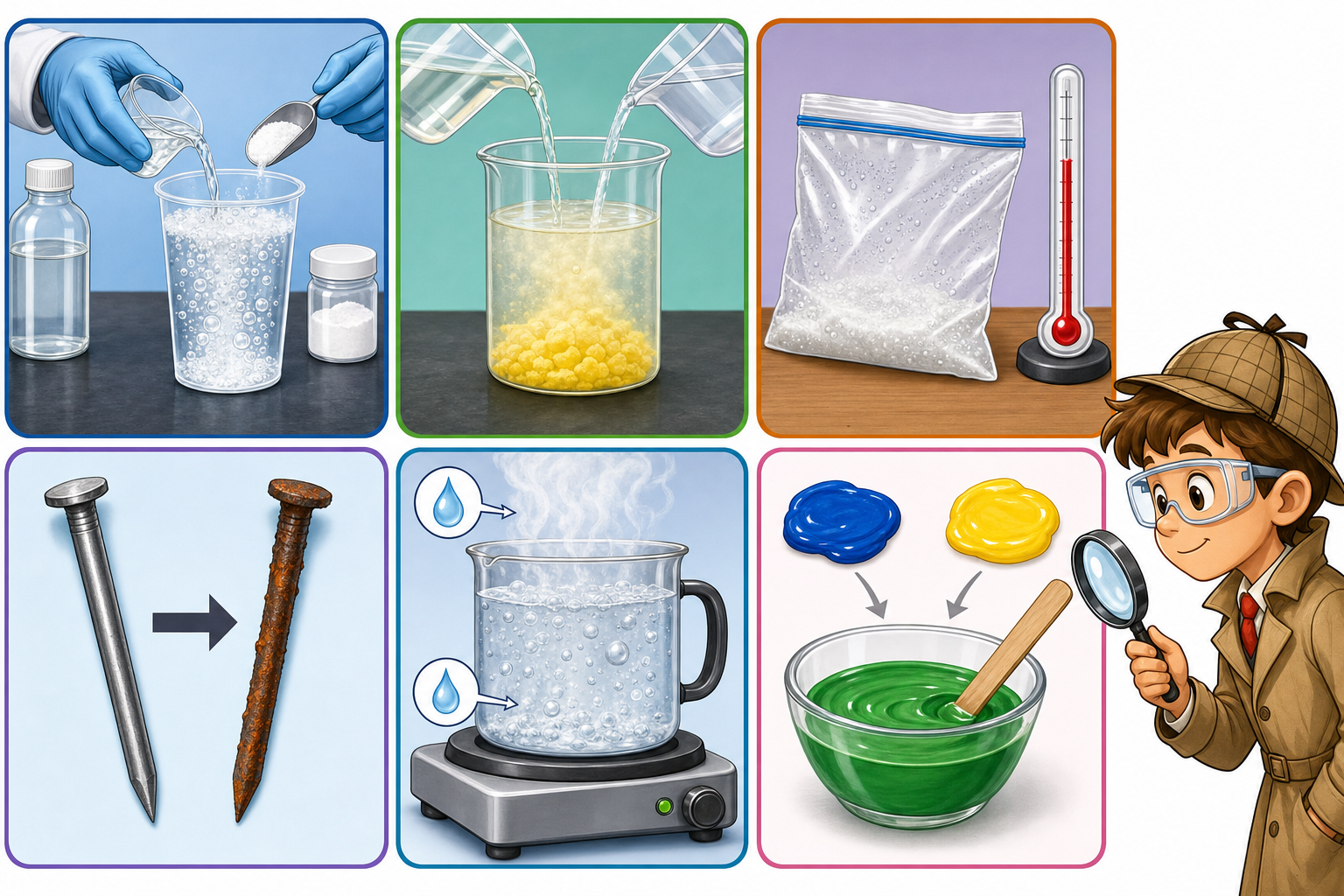 An evidence board collects observations that may accompany chemical changes.