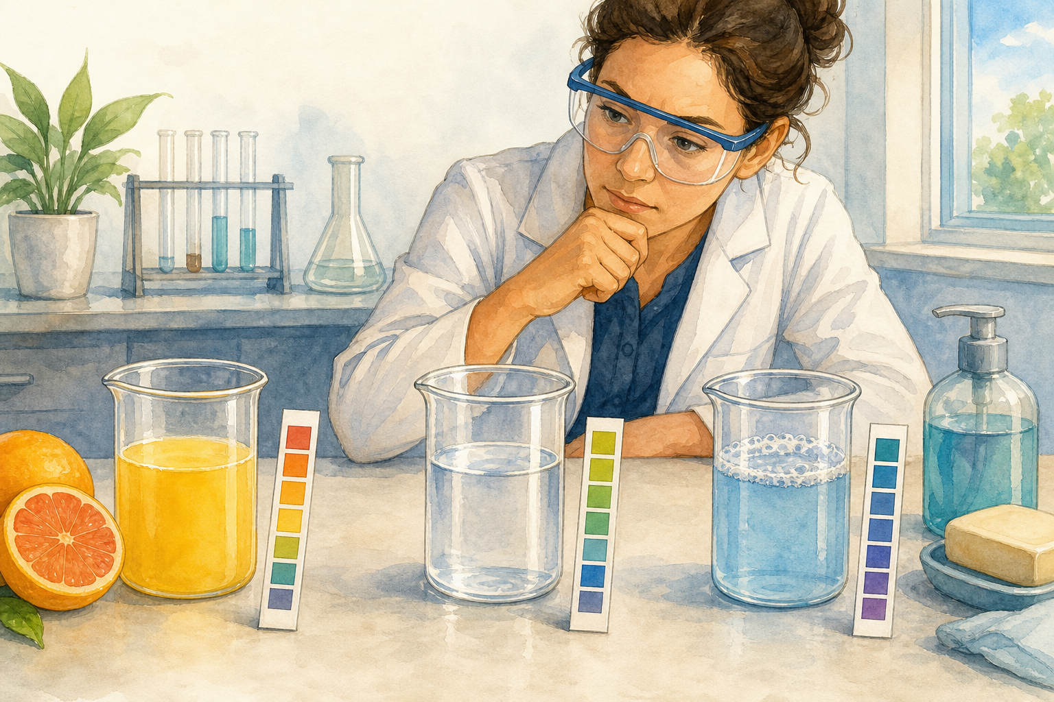 An indicator-bench illustration connects indicator color with the pH range being tested.