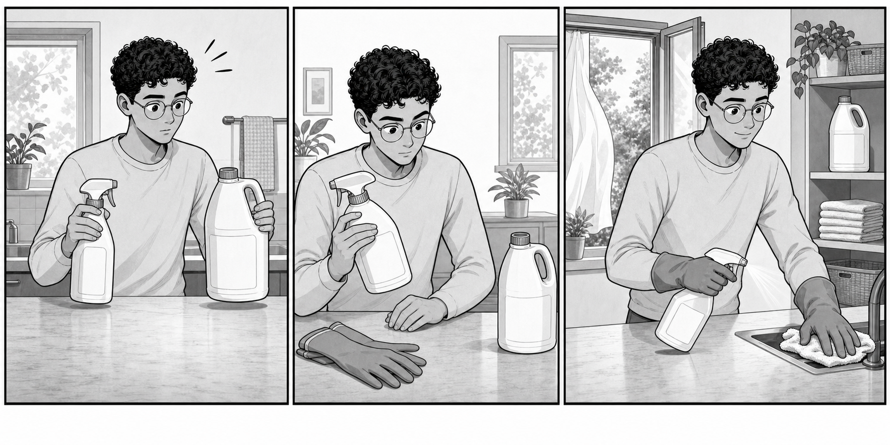 A household-safety illustration emphasizes reading product labels before use.
