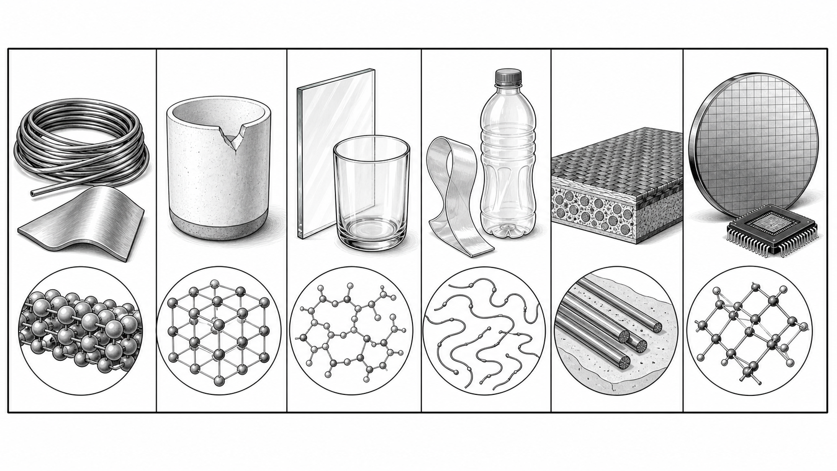 A materials illustration compares metals, ceramics, and polymers through structure and properties.