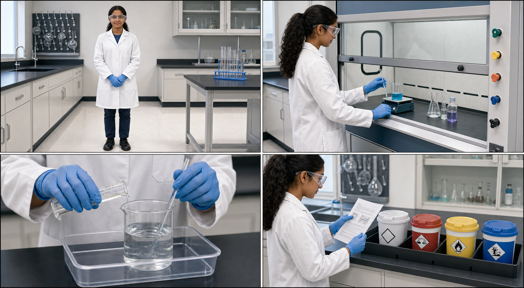 A laboratory-safety sequence emphasizes planning and using appropriate controls before an activity.
