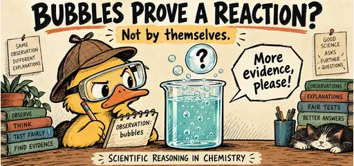 Hand-drawn duck detective observes a bubbling beaker and asks for more evidence: bubbles alone do not prove a chemical reaction.