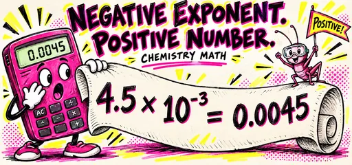 Hand-lettered calculator and cricket comic shows 4.5 times ten to the negative third equals positive 0.0045, distinguishing a negative exponent from a negative number.
