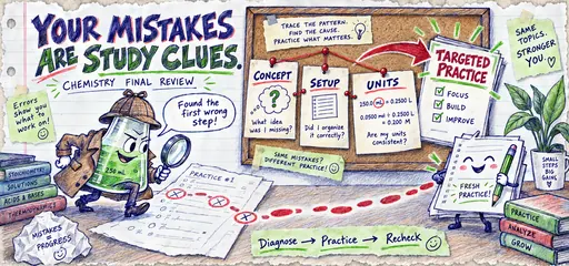 Handwritten ballpoint comic of a flask detective tracing concept, setup and unit errors toward targeted chemistry practice, including the correct milliliters-to-liters conversion.