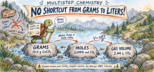 Handwritten watercolor comic of a tortoise crossing grams, moles and gas-volume stepping stones, illustrating calcium carbonate stoichiometry and the ideal gas law under stated conditions.