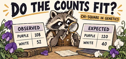 A raccoon detective compares observed offspring counts of 108 purple and 52 white with expected counts of 120 purple and 40 white for a chi-square test.
