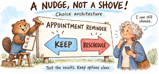 Sepia pen and blue watercolor comic of a beaver making clear keep and reschedule options on an appointment reminder while a woman freely chooses, illustrating choice architecture and personal agency.