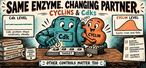 An orange cyclin docks with a turquoise Cdk enzyme that transfers a phosphate to a target; charts contrast steady Cdk protein with rising and falling cyclin levels.