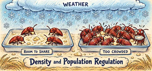 Hand-drawn beetles share equal food trays at sparse and crowded densities beneath a weather cloud, illustrating competition and weather effects.