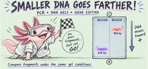 Hand-sketched axolotl watches a DNA gel with negative wells above and a positive electrode below; a 200-base-pair fragment travels farther than a 900-base-pair fragment under the same suitable conditions.