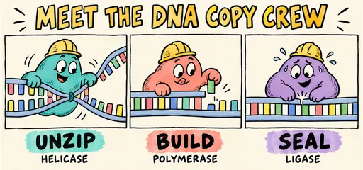 Comic enzyme crew separates DNA strands with helicase, extends a new strand with polymerase and seals a backbone nick with ligase.
