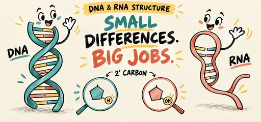 Comic DNA double helix and folded single RNA strand compare their sugar groups at the 2-prime carbon: H in DNA and OH in RNA.