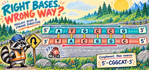 Handwritten crayon comic showing antiparallel DNA traffic lanes, complementary base pairs and the reverse complement 5′-CGGCAT-3′, with a raccoon traffic marshal.