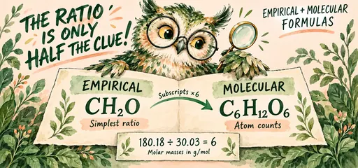 Hand-painted owl compares empirical CH2O with molecular C6H12O6; the molar-mass ratio 180.18 divided by 30.03 gives a subscript multiplier of six.