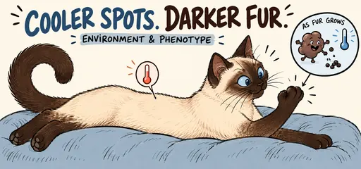 A comic Siamese cat examines its dark paw; warm-core and cool-extremity symbols illustrate temperature-sensitive pigment production as fur grows.