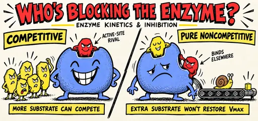 Hand-inked comic comparing competitive inhibition at the active site with pure noncompetitive inhibition at a separate site; extra substrate cannot restore the latter’s Vmax.